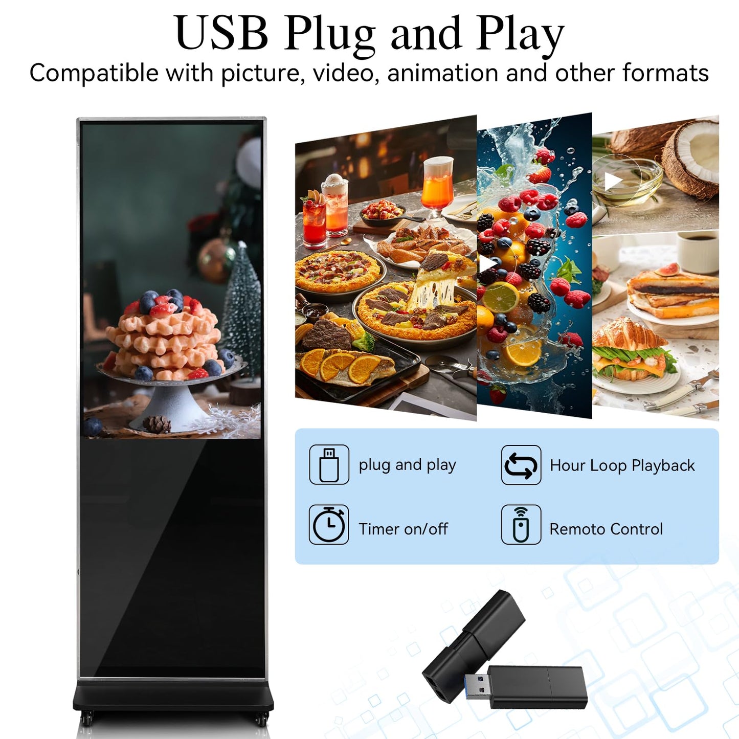 43" 4K LCD Digital Signage Display, Indoor Floor Standing Advertising Kiosk, Commercial Digital Signage Kiosk with Auto AD Box, HDMI WiFi Bluetooth Input, Android 12.0 Black