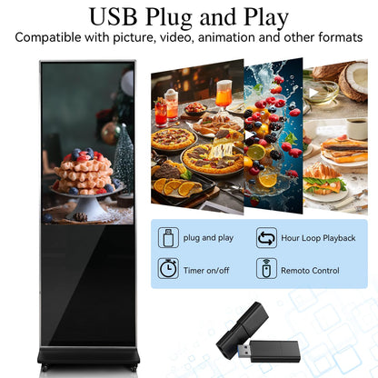 43" 4K LCD Digital Signage Display, Indoor Floor Standing Advertising Kiosk, Commercial Digital Signage Kiosk with Auto AD Box, HDMI WiFi Bluetooth Input, Android 12.0 Black