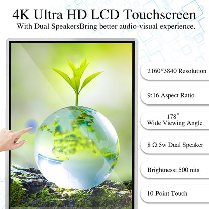 43" 4K LCD Digital Signage Display, Indoor Floor Standing Advertising Kiosk, Commercial Digital Signage Kiosk with Auto AD Box, HDMI WiFi Bluetooth Input, Android 12.0 Black