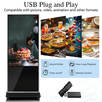 43" 4K LCD Digital Signage Display, Indoor Floor Standing Advertising Kiosk, Commercial Digital Signage Kiosk with Auto AD Box, HDMI WiFi Bluetooth Input, Android 12.0 Black