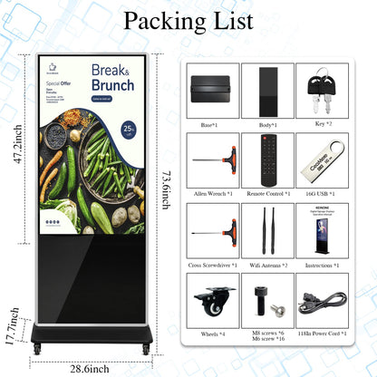 43" 4K LCD Digital Signage Display, Indoor Floor Standing Advertising Kiosk, Commercial Digital Signage Kiosk with Auto AD Box, HDMI WiFi Bluetooth Input, Android 12.0 Black