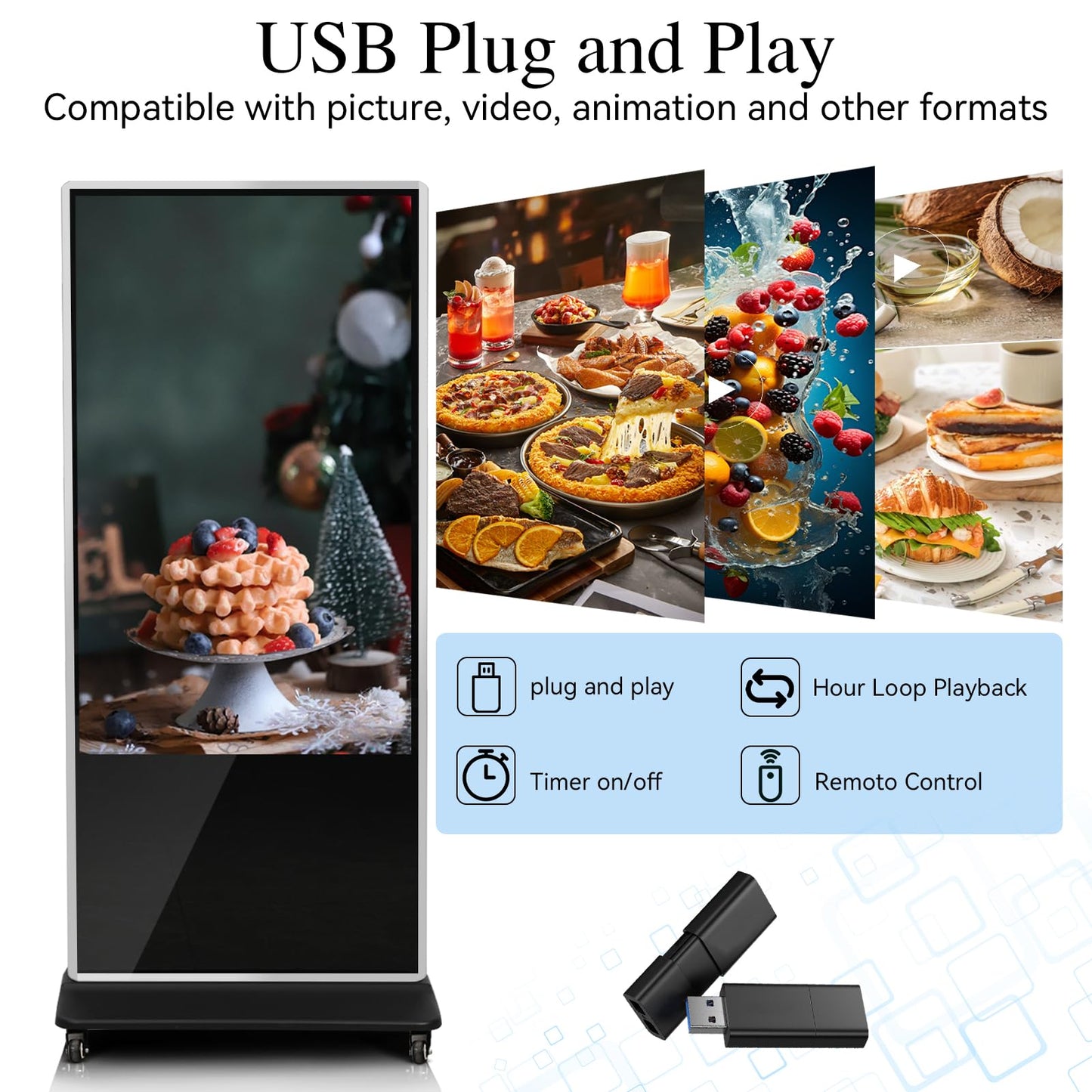 43" 4K LCD Digital Signage Display, Indoor Floor Standing Advertising Kiosk, Commercial Digital Signage Kiosk with Auto AD Box, HDMI WiFi Bluetooth Input, Android 12.0 Black
