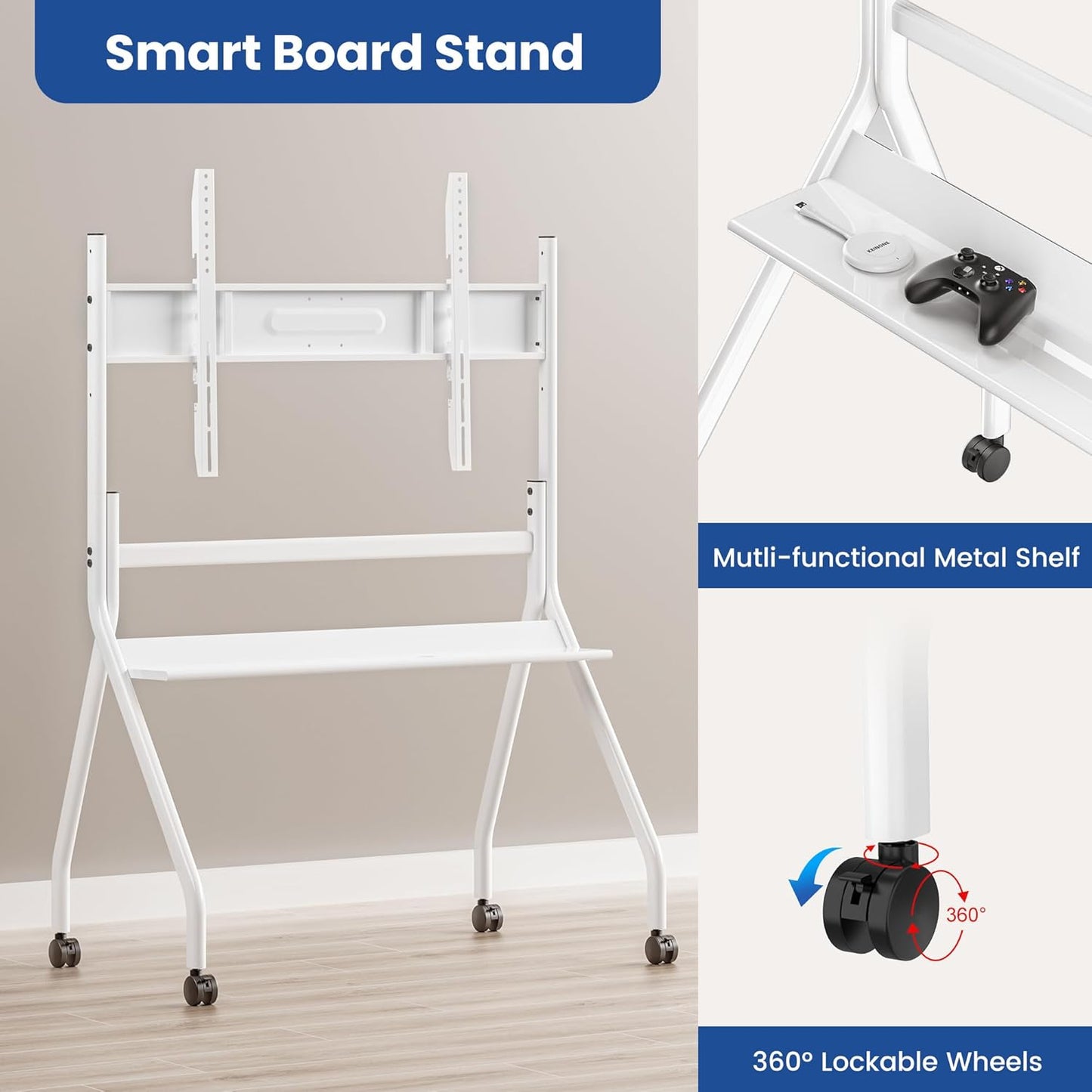 55"-65" Smart Board Stand for Interactive Whiteboard, KEINONE Mobile Stand with Four Lockable Wheels, Stable and Easy to Move for Home Office School Classroom (White)