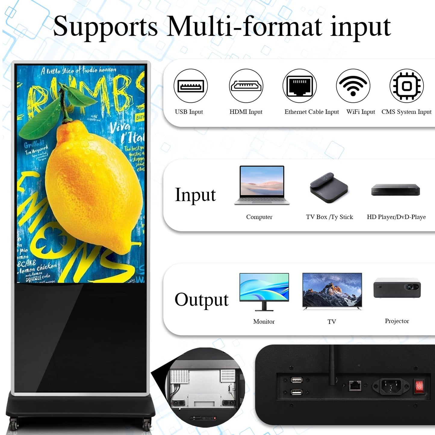 43" 4K LCD Digital Signage Display, Indoor Floor Standing Advertising Kiosk, Commercial Digital Signage Kiosk with Auto AD Box, HDMI WiFi Bluetooth Input, Android 12.0 Black