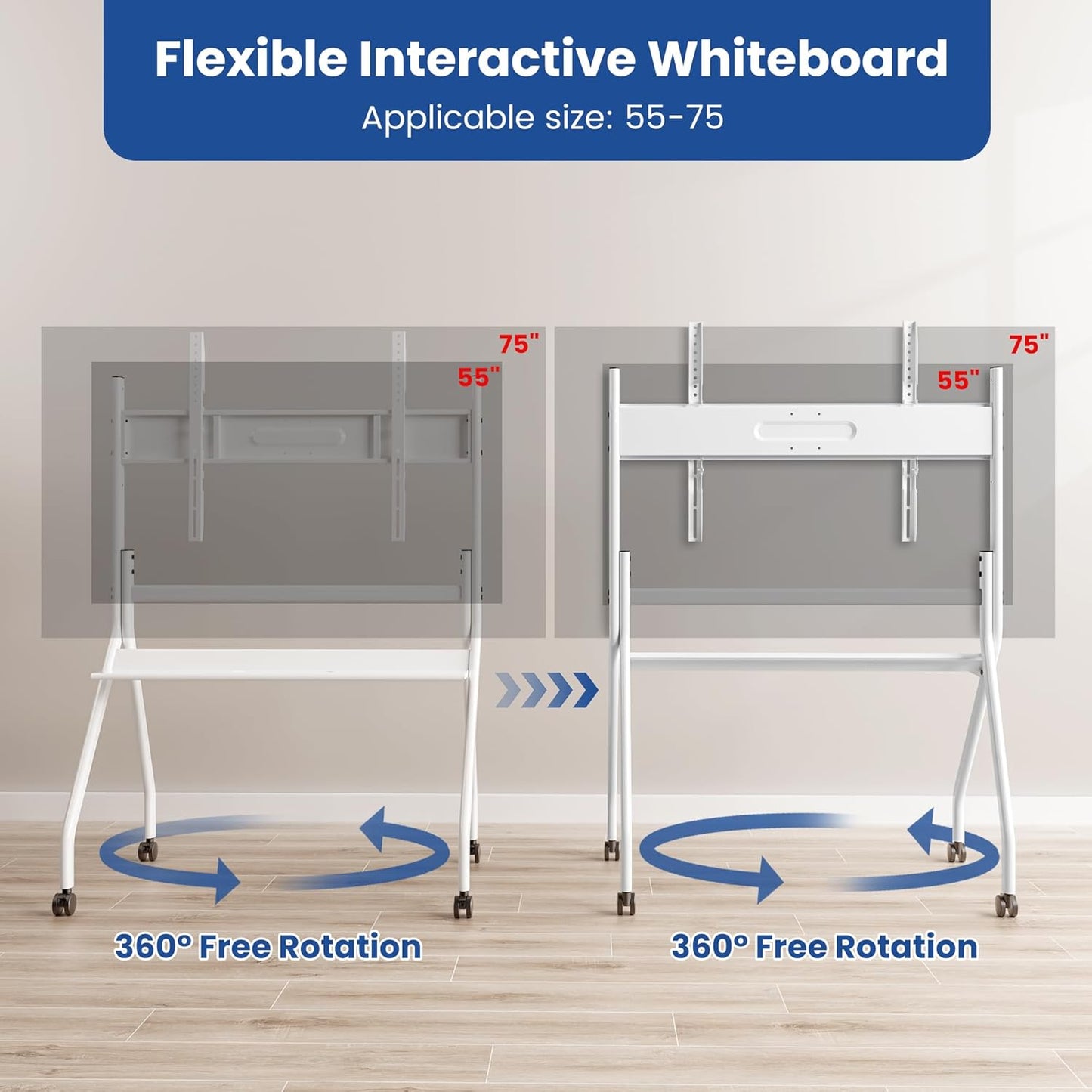 55"-65" Smart Board Stand for Interactive Whiteboard, KEINONE Mobile Stand with Four Lockable Wheels, Stable and Easy to Move for Home Office School Classroom (White)