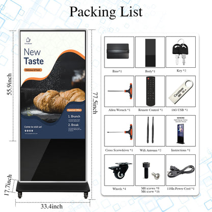 43" 4K LCD Digital Signage Display, Indoor Floor Standing Advertising Kiosk, Commercial Digital Signage Kiosk with Auto AD Box, HDMI WiFi Bluetooth Input, Android 12.0 Black
