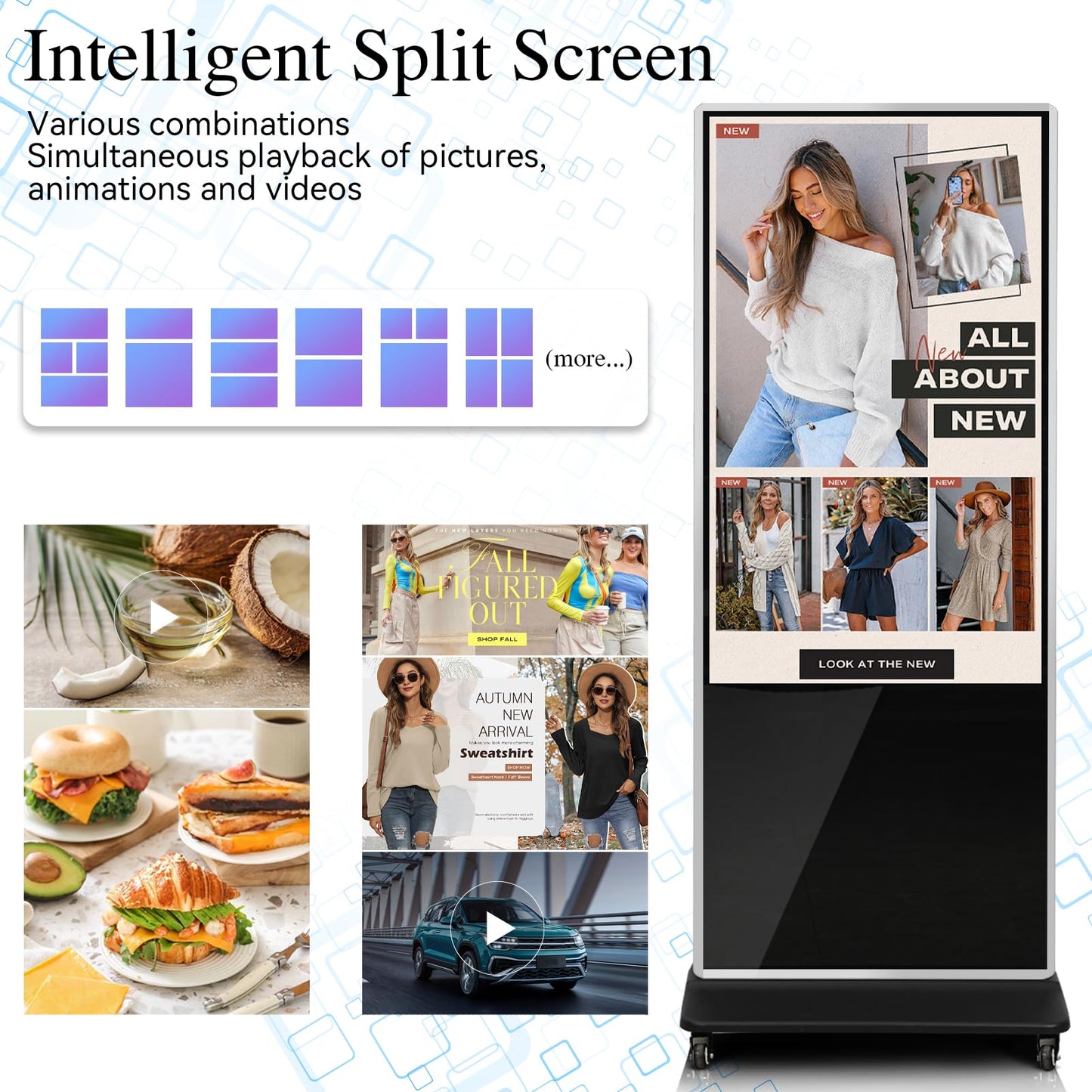 43" 4K LCD Digital Signage Display, Indoor Floor Standing Advertising Kiosk, Commercial Digital Signage Kiosk with Auto AD Box, HDMI WiFi Bluetooth Input, Android 12.0 Black