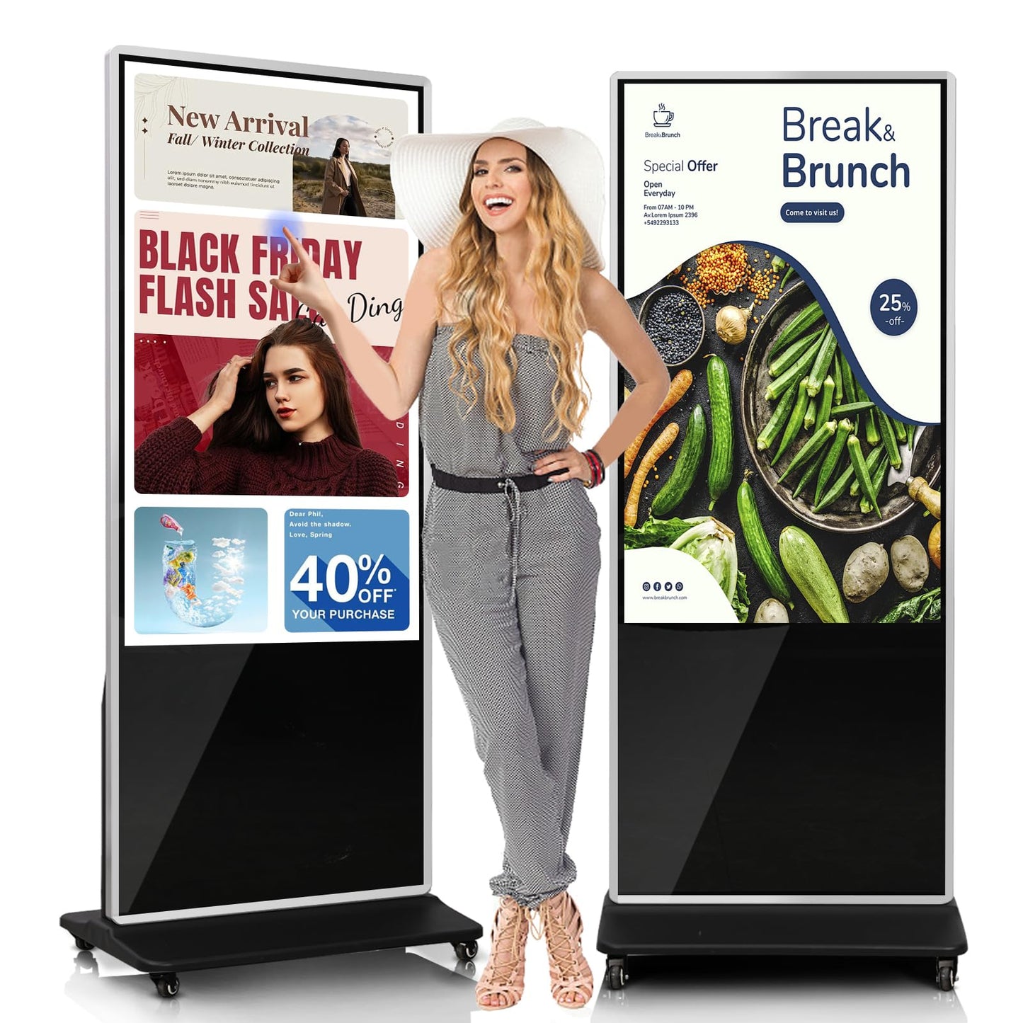 43" 4K LCD Digital Signage Display, Indoor Floor Standing Advertising Kiosk, Commercial Digital Signage Kiosk with Auto AD Box, HDMI WiFi Bluetooth Input, Android 12.0 Black